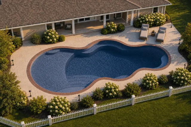 Daytime render of the Axiom 16 fiberglass pool with brick coping and a Ocean Blue interior, seen from above at an angle.