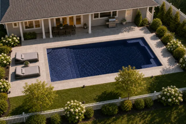 Daytime render of the Corinthian 12 fiberglass pool with stone coping and a Night Sky interior, seen from above at an angle.