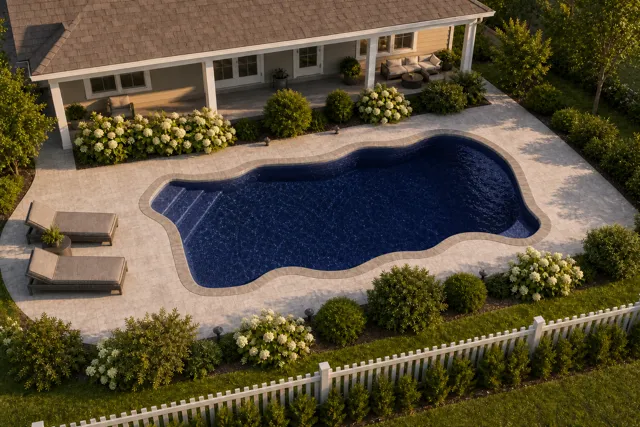 Daytime render of the Key West fiberglass pool with stone coping and a Night Sky interior, seen from above at an angle.