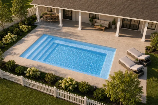 Daytime render of the Milan 10.16 fiberglass pool with cantilever coping and a Sapphire Blue interior, seen from above at an angle.