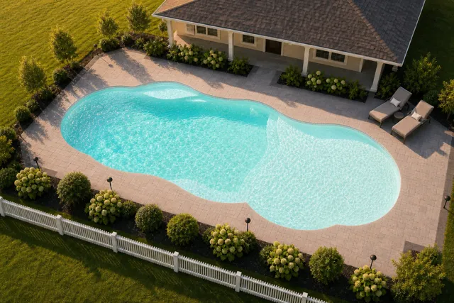 Daytime render of the Sandal Beach Entry 1639 fiberglass pool with cantilever coping and a Arctic Shimmer interior, seen from above at an angle.