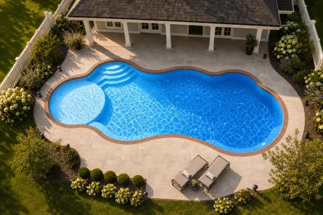 Daytime render of the Wellspring 1640 fiberglass pool with brick coping and a California interior, seen from above at an angle.