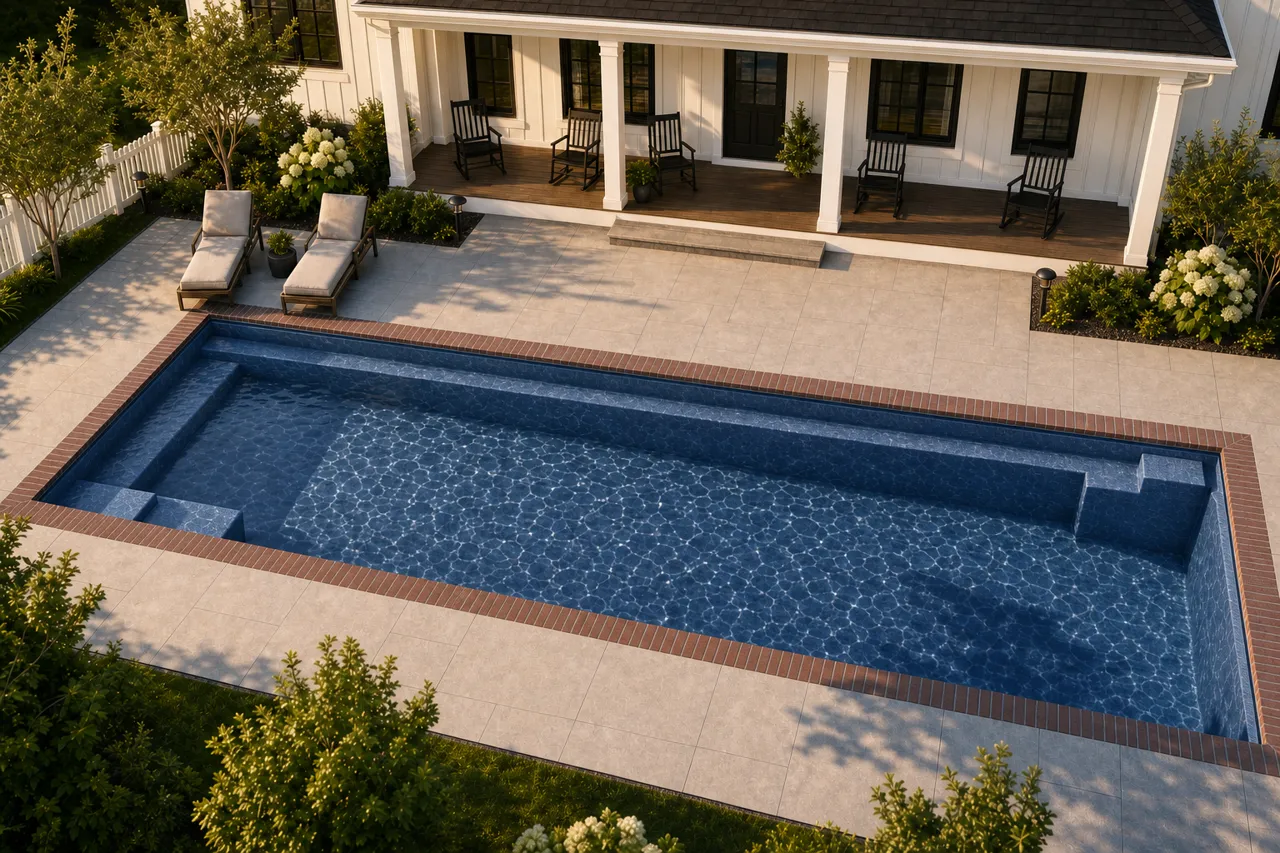 Daytime render of the Tuscan 14.40 fiberglass pool with brick coping and a Ocean Blue interior, seen from above at an angle.