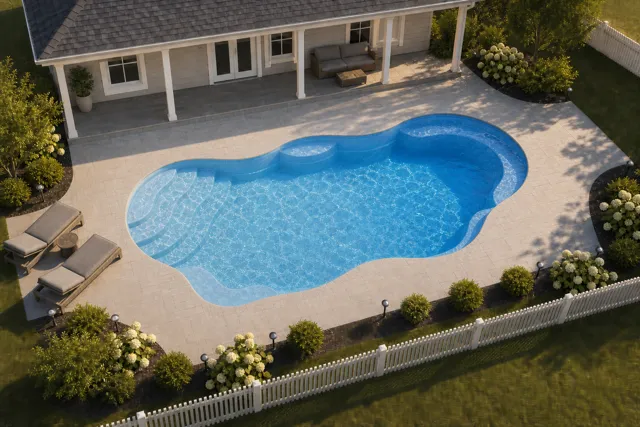Daytime render of the Bermuda 12 fiberglass pool with cantilever coping and a Sapphire Blue interior, seen from above at an angle.