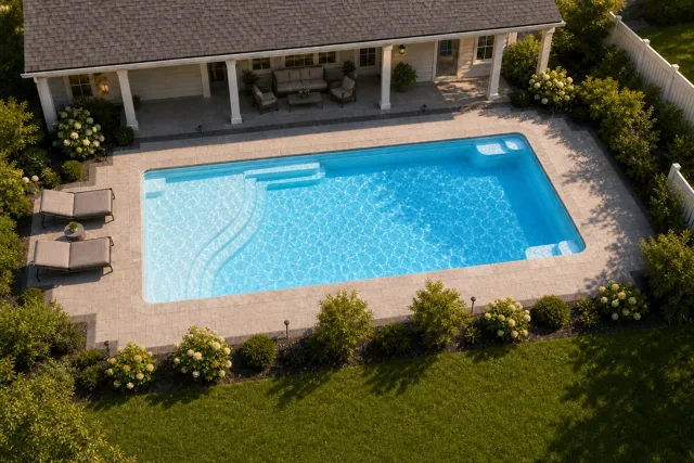 Daytime render of the Aspen 1435 fiberglass pool with stone coping and a Caribbean Sparkle interior, seen from above at an angle.