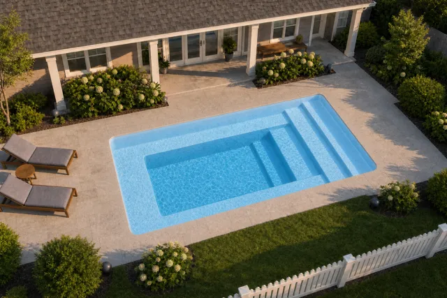Daytime render of the Milan 8.14 fiberglass pool with cantilever coping and a Sapphire Blue interior, seen from above at an angle.