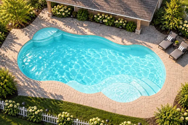 Daytime render of the Sun Day 1634 fiberglass pool with cantilever coping and a Arctic Shimmer interior, seen from above at an angle.