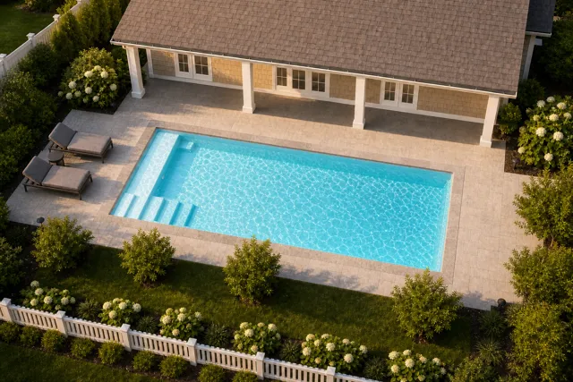 Daytime render of the The Vision 26 fiberglass pool with stone coping and a Ice Silver interior, seen from above at an angle.