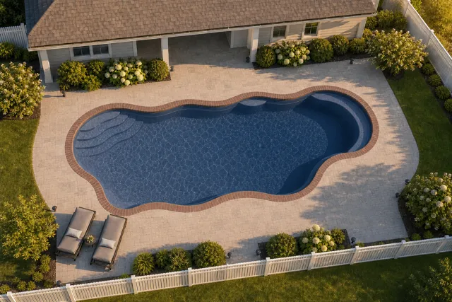 Daytime render of the Bermuda 16.40 fiberglass pool with brick coping and a Ocean Blue interior, seen from above at an angle.