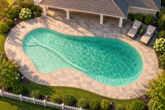Daytime render of the The Inspiration 40 fiberglass pool with cantilever coping and a Beach Sand interior, seen from above at an angle.