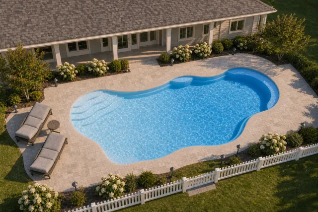 Daytime render of the Bermuda 16.35 fiberglass pool with cantilever coping and a Sapphire Blue interior, seen from above at an angle.