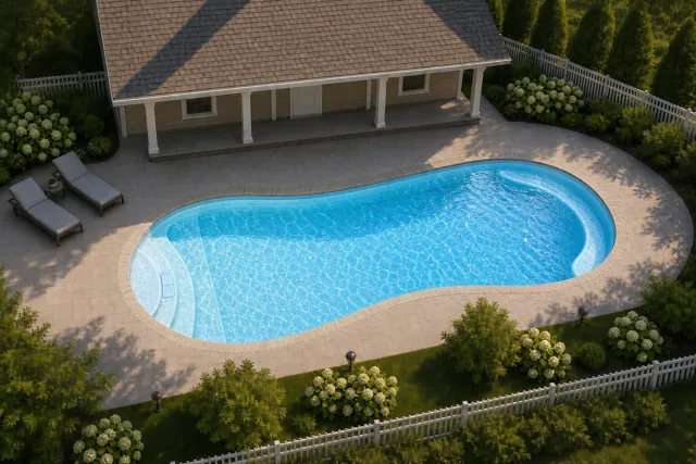Daytime render of the Titus 1226 fiberglass pool with stone coping and a Caribbean Sparkle interior, seen from above at an angle.