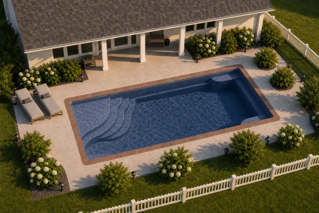 Daytime render of the Olympia 16 fiberglass pool with brick coping and a Ocean Blue interior, seen from above at an angle.