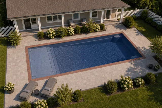 Daytime render of the Corinthian 16 fiberglass pool with brick coping and a Ocean Blue interior, seen from above at an angle.