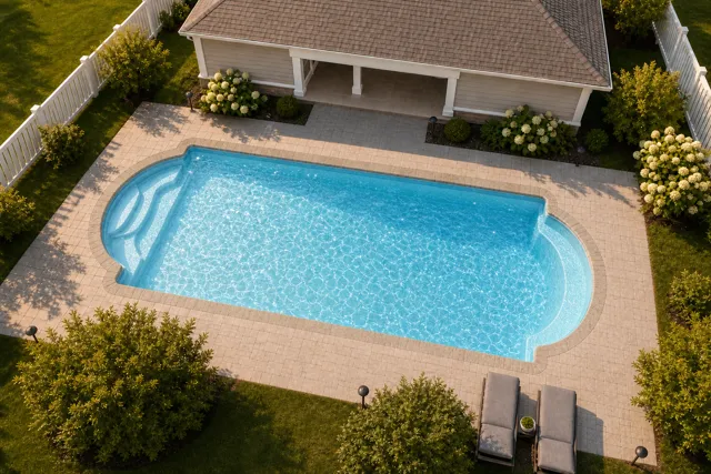 Daytime render of the Cathedral 1433 fiberglass pool with stone coping and a Caribbean Sparkle interior, seen from above at an angle.