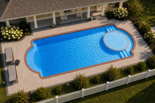 Daytime render of the Cathedral LX 1640 fiberglass pool with brick coping and a California interior, seen from above at an angle.