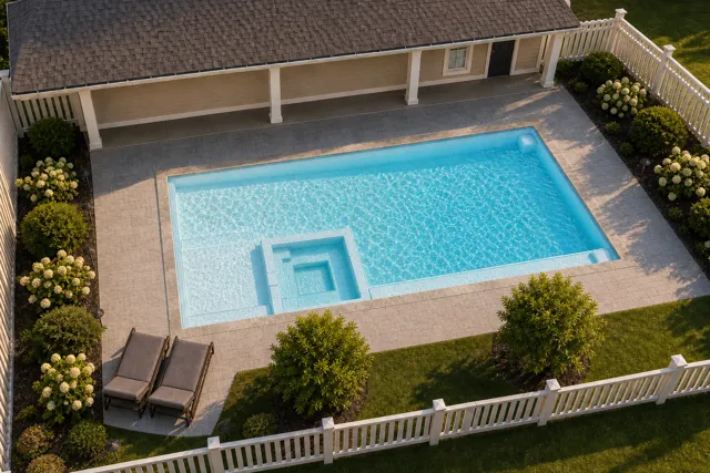 Daytime render of the The Exquisite 35 fiberglass pool with stone coping and a Ice Silver interior, seen from above at an angle.