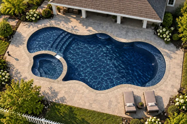 Daytime render of the Bermuda 16.35 Deluxe fiberglass pool with stone coping and a Night Sky interior, seen from above at an angle.