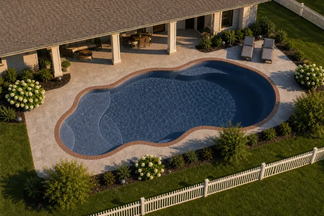 Daytime render of the Fiji fiberglass pool with brick coping and a Ocean Blue interior, seen from above at an angle.