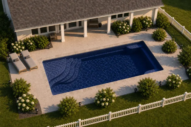 Daytime render of the Olympia 16 fiberglass pool with stone coping and a Night Sky interior, seen from above at an angle.
