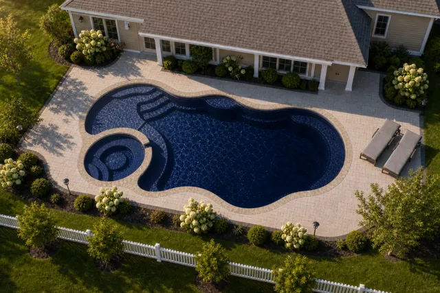 Daytime render of the Bermuda 14 Deluxe fiberglass pool with stone coping and a Night Sky interior, seen from above at an angle.