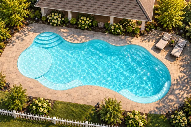 Daytime render of the Wellspring 1636 fiberglass pool with cantilever coping and a Arctic Shimmer interior, seen from above at an angle.