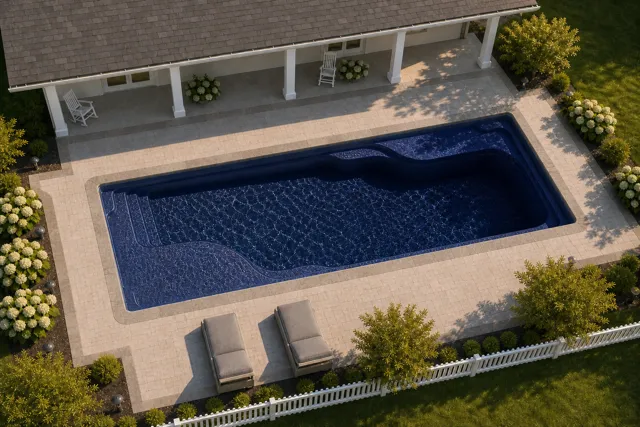 Daytime render of the Ariel 16 fiberglass pool with stone coping and a Night Sky interior, seen from above at an angle.
