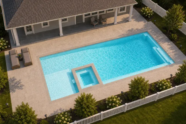 Daytime render of the The Exquisite 40 fiberglass pool with stone coping and a Ice Silver interior, seen from above at an angle.