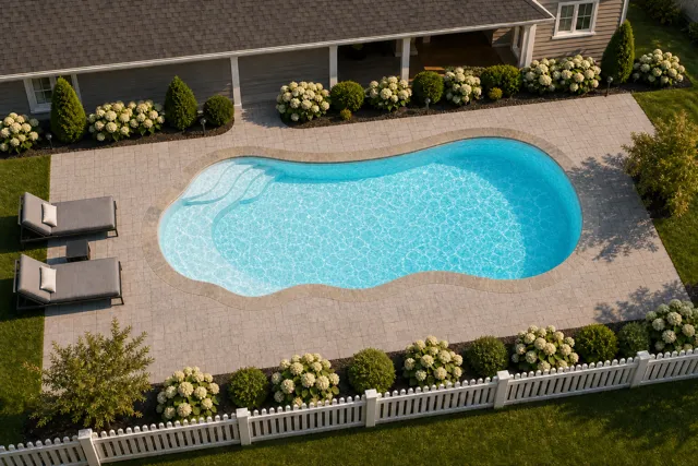 Daytime render of the The Fantasy 30 fiberglass pool with stone coping and a Ice Silver interior, seen from above at an angle.