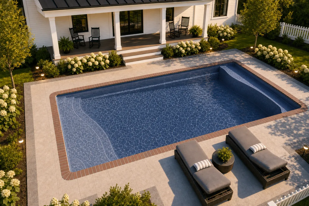 Daytime render of the Barcelona fiberglass pool with brick coping and a Ocean Blue interior, seen from above at an angle.