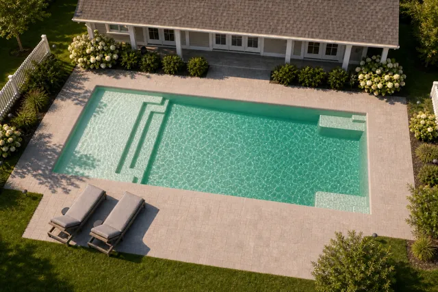 Daytime render of the The Illusion 40 fiberglass pool with cantilever coping and a Beach Sand interior, seen from above at an angle.