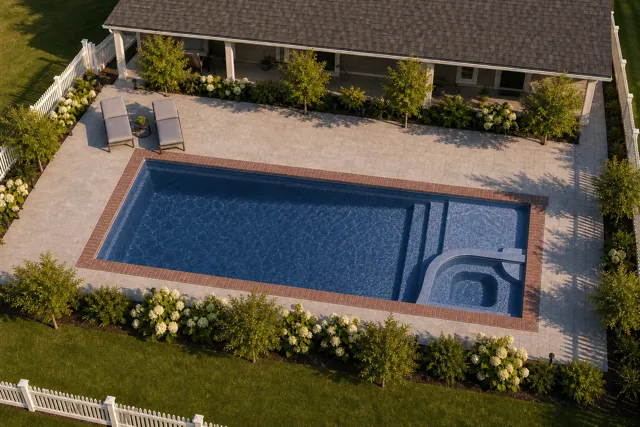 Daytime render of the Cayman 14 Deluxe fiberglass pool with brick coping and a Ocean Blue interior, seen from above at an angle.
