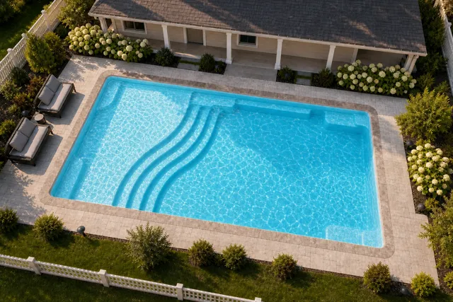 Daytime render of the Aspen 1225 fiberglass pool with stone coping and a Caribbean Sparkle interior, seen from above at an angle.