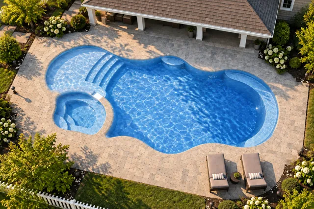 Daytime render of the Bermuda 16.35 Deluxe fiberglass pool with cantilever coping and a Sapphire Blue interior, seen from above at an angle.