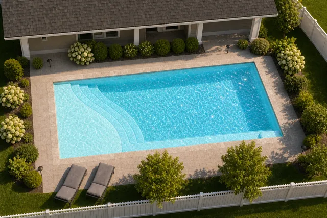 Daytime render of the The Bliss 30 fiberglass pool with stone coping and a Ice Silver interior, seen from above at an angle.