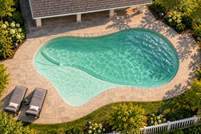 Daytime render of the The Inspiration 23 fiberglass pool with cantilever coping and a Beach Sand interior, seen from above at an angle.