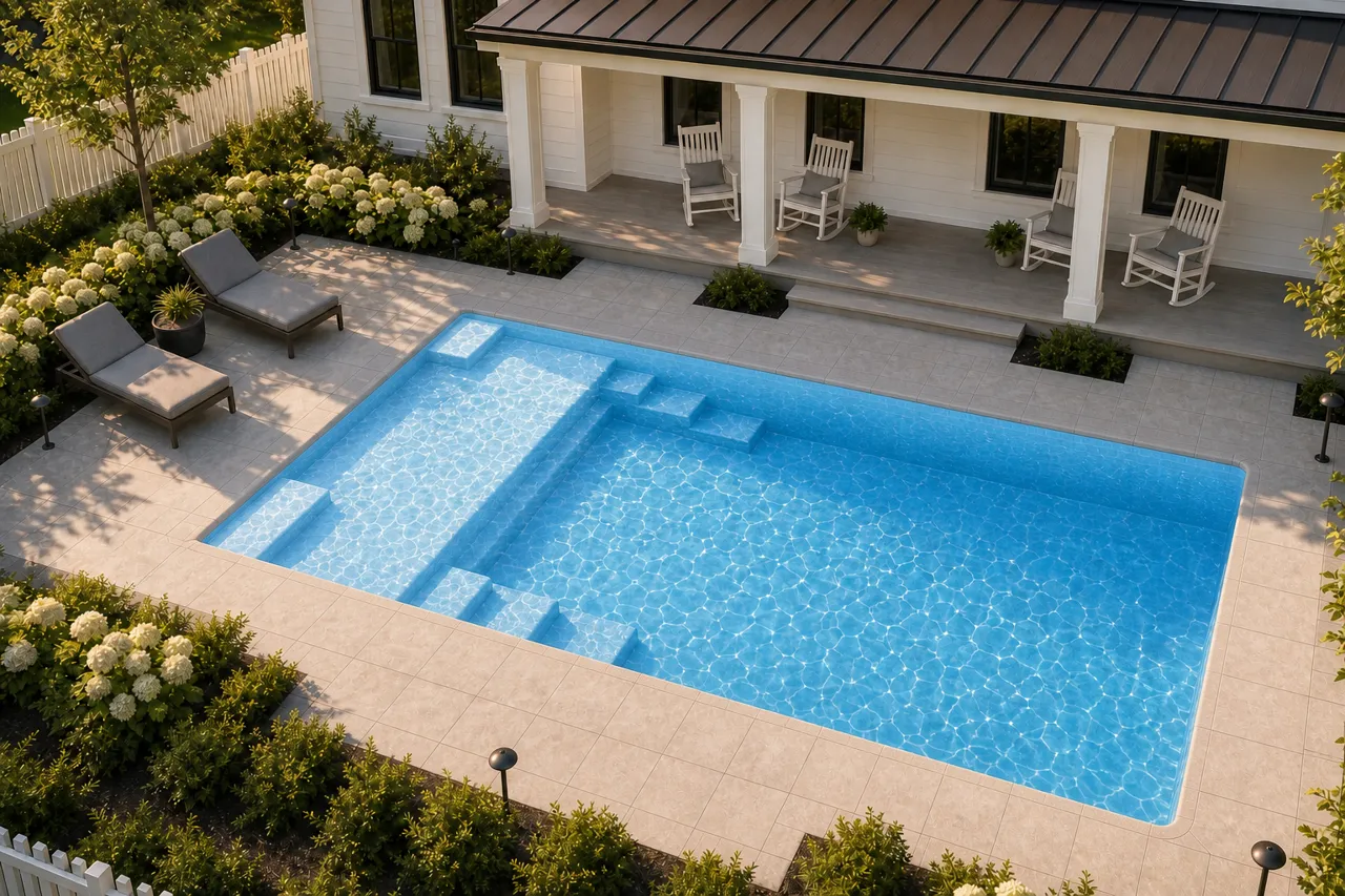 Daytime render of the Enchantment 9.21 fiberglass pool with cantilever coping and a Sapphire Blue interior, seen from above at an angle.