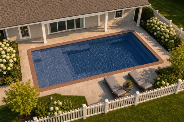 Daytime render of the Enchantment 9.17 fiberglass pool with brick coping and a Ocean Blue interior, seen from above at an angle.