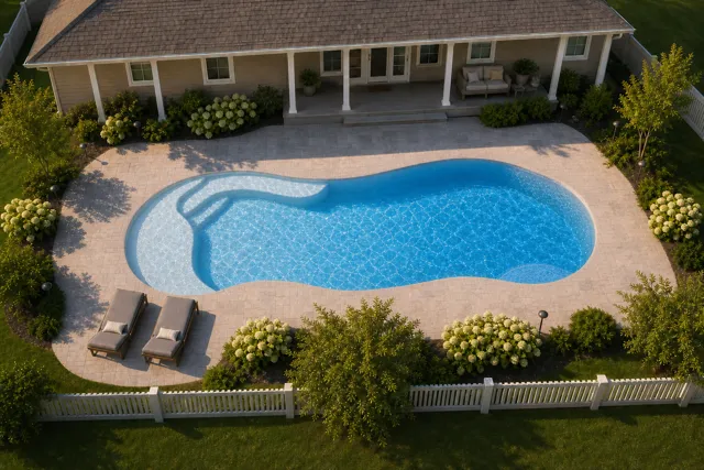Daytime render of the Vista Isle fiberglass pool with cantilever coping and a Sapphire Blue interior, seen from above at an angle.