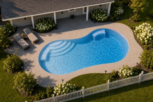 Daytime render of the Jamaica 14 fiberglass pool with cantilever coping and a Sapphire Blue interior, seen from above at an angle.