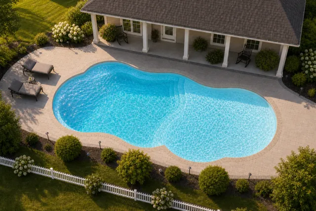 Daytime render of the Sandal Beach Entry 1634.5 fiberglass pool with stone coping and a Caribbean Sparkle interior, seen from above at an angle.
