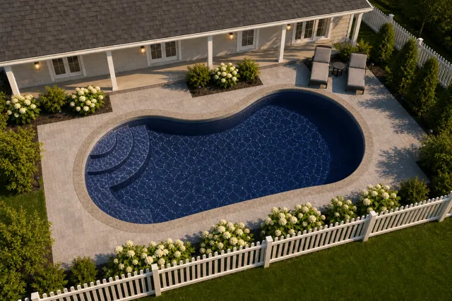 Daytime render of the Jamaica 10 fiberglass pool with stone coping and a Night Sky interior, seen from above at an angle.