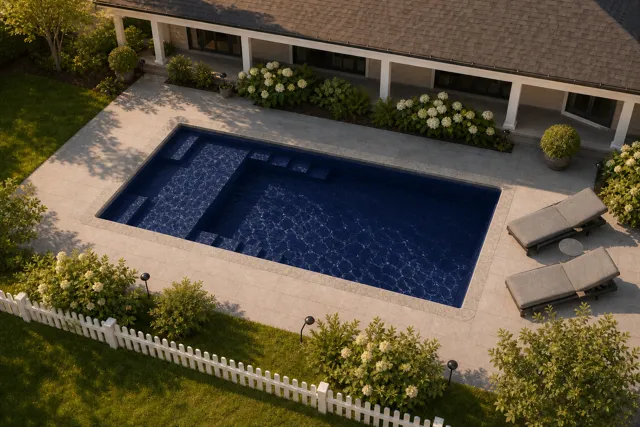 Daytime render of the Enchantment 9.21 fiberglass pool with stone coping and a Night Sky interior, seen from above at an angle.