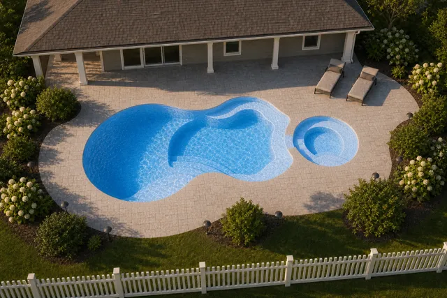 Daytime render of the Axiom 12 Deluxe fiberglass pool with cantilever coping and a Sapphire Blue interior, seen from above at an angle.