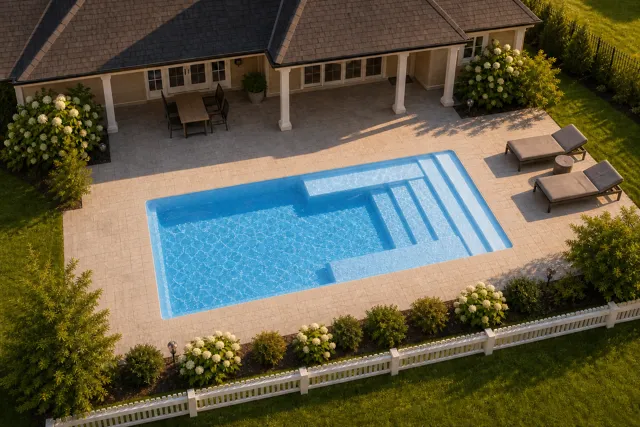 Daytime render of the Milan 10.20 fiberglass pool with cantilever coping and a Sapphire Blue interior, seen from above at an angle.