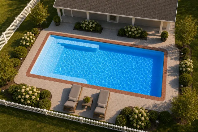 Daytime render of the Lil Bob fiberglass pool with brick coping and a California interior, seen from above at an angle.