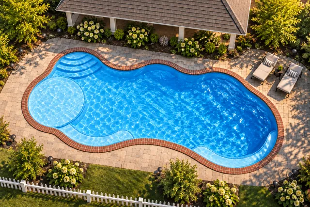 Daytime render of the Wellspring 1636 fiberglass pool with brick coping and a California interior, seen from above at an angle.