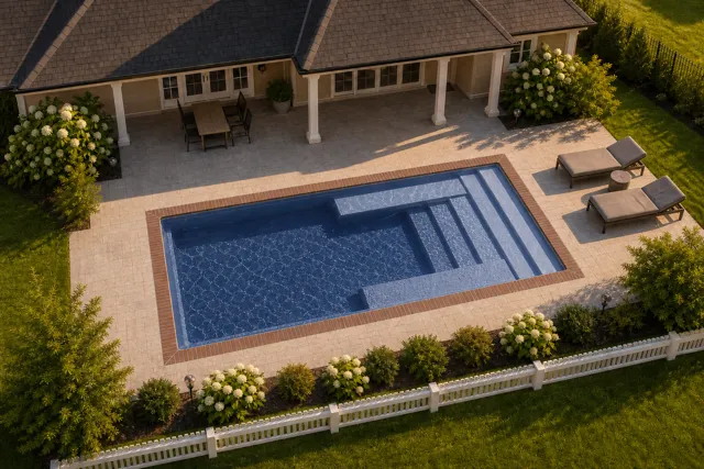 Daytime render of the Milan 10.20 fiberglass pool with brick coping and a Ocean Blue interior, seen from above at an angle.