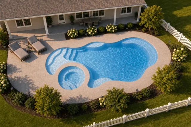 Daytime render of the Bermuda 12 Deluxe fiberglass pool with cantilever coping and a Sapphire Blue interior, seen from above at an angle.