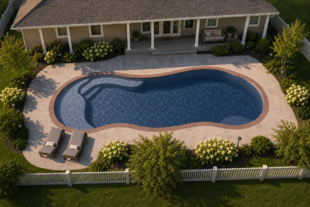 Daytime render of the Vista Isle fiberglass pool with brick coping and a Ocean Blue interior, seen from above at an angle.